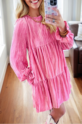 Strawberry Pink Flounce Sleeve Tiered Ruffled Velvet Mini Dress